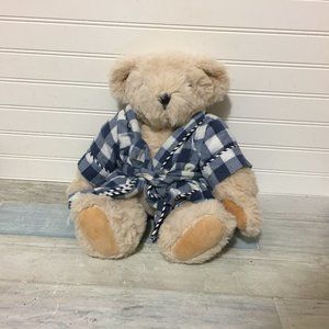 Vermont Teddy Bear Jointed, Blue Plaid Robe, 15"